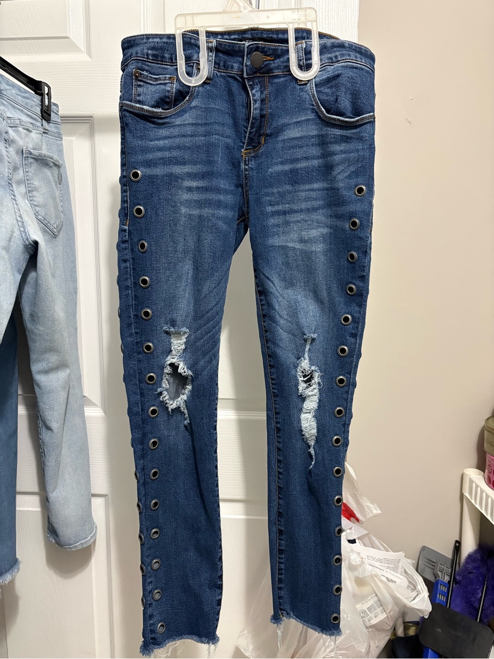 Piper Distressed Dark Blue Skinny Jeans with Grommet Trim
